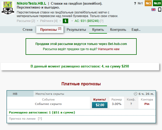 Платный прогноз каппера на бирже bet-hub.com